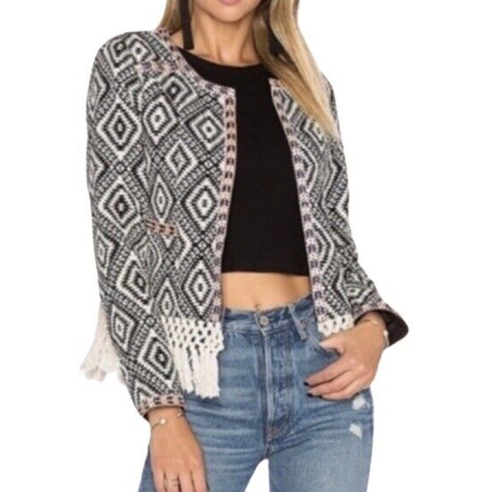 Tularosa Santa Fe Fringe Jacket Women's XS Black White Open Front Boho Crochet